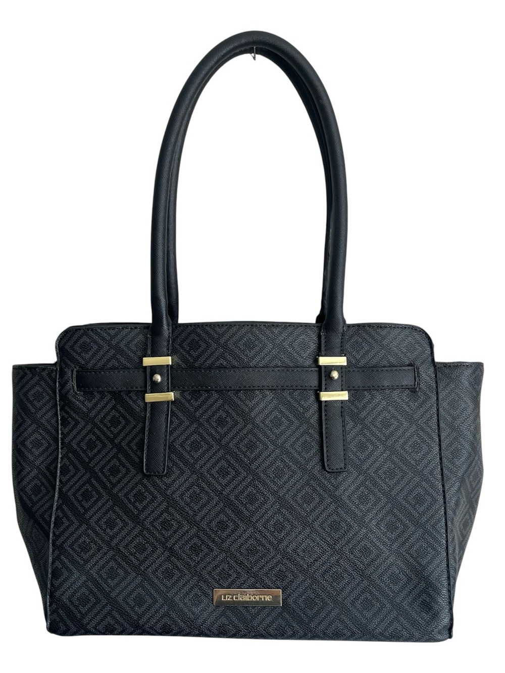 Liz Claiborne Tuxedo Shoulder Tote Bag Black Geometric Gold Tone Hardware